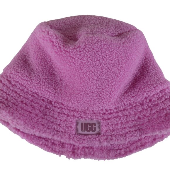 UGG Pink Sherpa Bucket Hat One Size Faux Fur Logo Bucket Cap - Picture 3 of 7